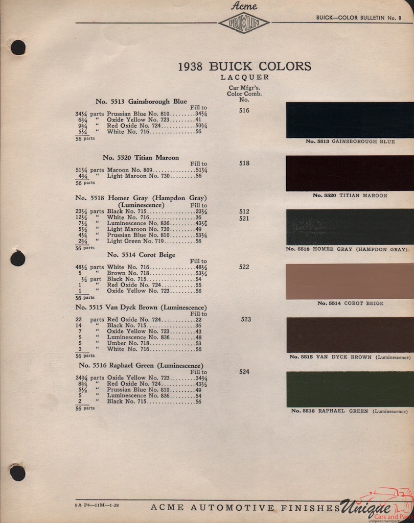 1938 Buick Paint Charts Acme 1